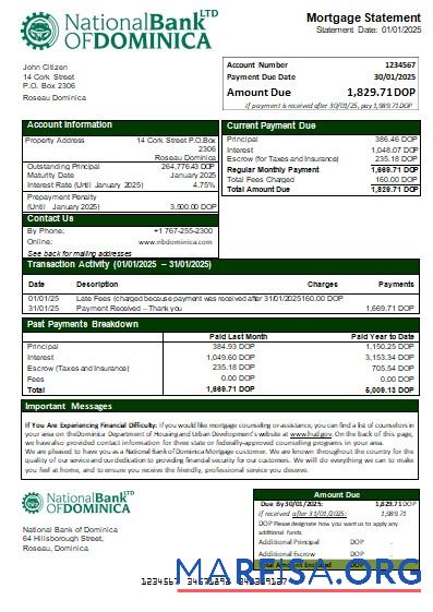 Blank Dominica National Bank of Dominica bank mortgage statement scr real example